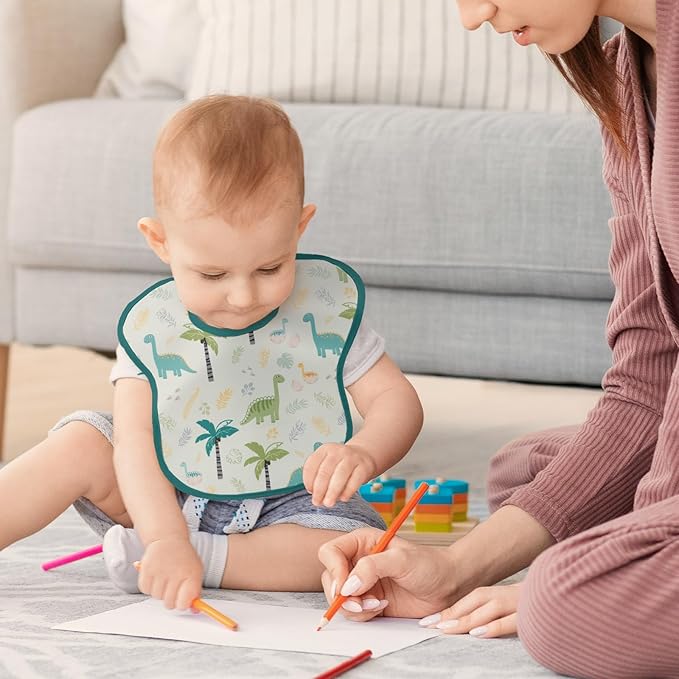 Mess Proof Baby Bib 3 Pack, Waterproof Led Weaning Baby Feeding Bibs with Food Catcher, Travel Feeding Bibs-BubblyBeeBaby