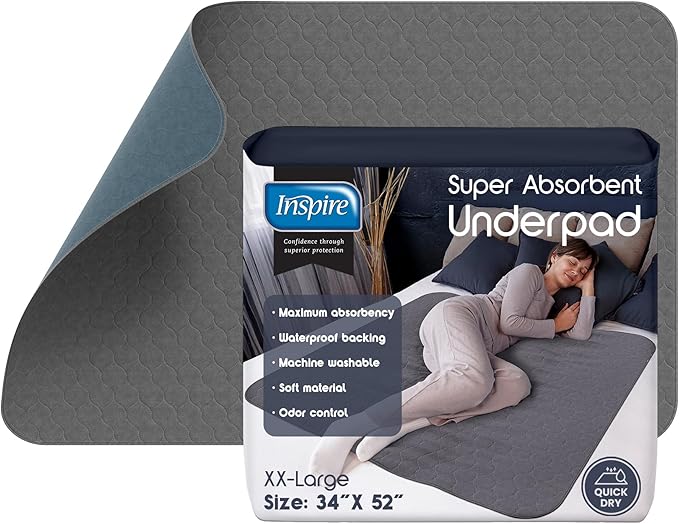 Inspire Underpads | Stain Hiding Gray Reusable Incontinence Bed Pads | Waterproof Mattress Pad | for Adults Babies and Dogs (34 X 52 - 1 Pack)-BubblyBeeBaby