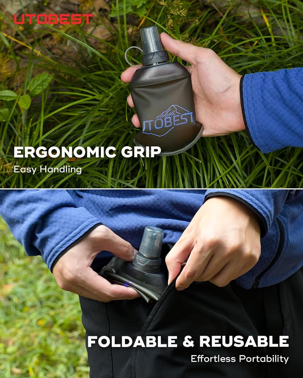 UTOBEST 150ml Soft Flask, 2 Pack Flexible TPU Hydration Water Bottle, Collapsible with 28mm Caliber for Running, Hiking, Cycling, Climbing, and Marathon Purple