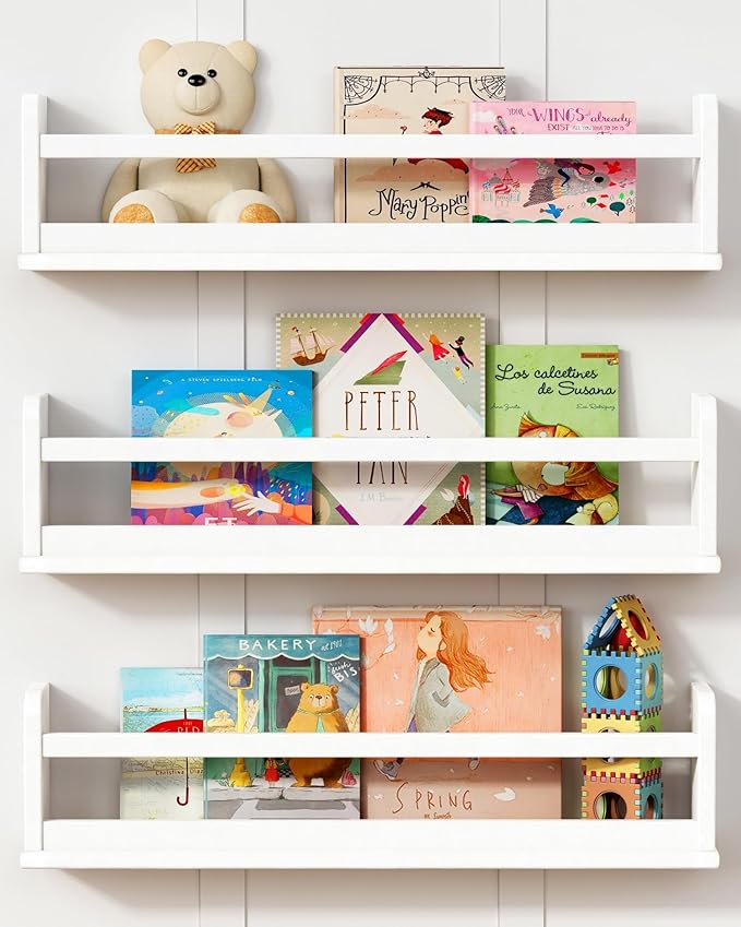 24 Inch White Wall Bookshelf for Kids Room, Floating Nursery Book Shelves Wall Mounted with Lip and Hanging Rod for Baby Girl Boy Bedroom, Large Corner Hanging Children Bookshelves -Set of 3-BubblyBeeBaby