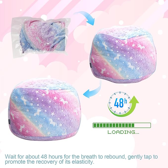 Kids Bean Bag Chair Turn into Beanbag Bed, Unicorn Toddler Bean Chair for Girl Boy Sleeping, Lazy Children Bean Bags with Filler, Convertible Child Floor Mattress, Colorful Rainbow-BubblyBeeBaby