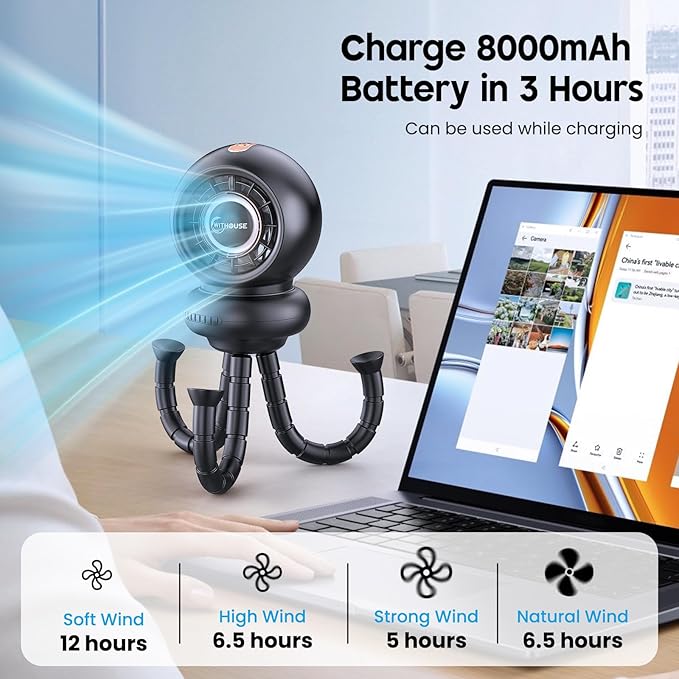 Stroller Fan, Battery Operated Baby Stroller Fans, 8000mAh Rechargeable Fans, 75° Auto Oscillation Portable Fan, 5-12H Runtime, 4 Speeds Wind, Detachable Base & LED Display-BubblyBeeBaby