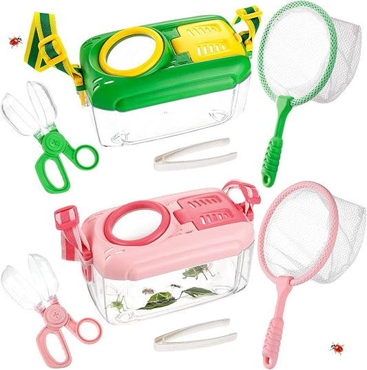 2 Set Bug Catcher for Kids- Educational Bug Catching Kit Including Butterfly Net, Insect Clip, Tweezer, Outdoor Toys for Kids Ages 3-10 (Pink & Green)-BubblyBeeBaby
