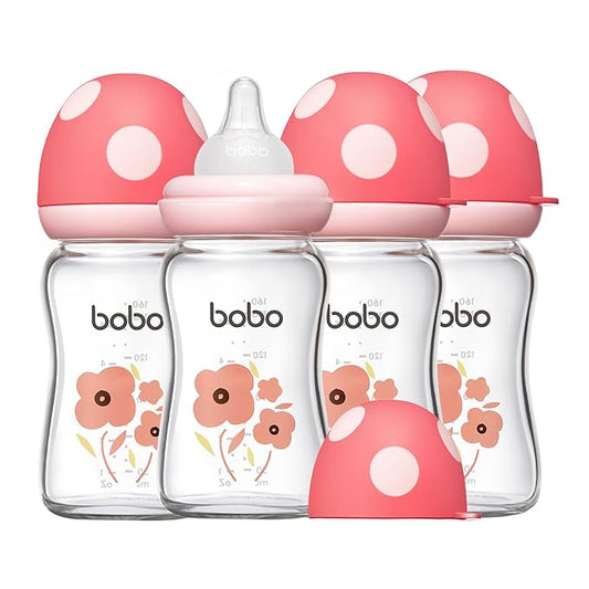 YOHKOH Natural Glass Baby Bottle with Natural Response Nipple, Newborn Anti-Colic Baby Bottles, Wide Neck Mushroom Cap Baby Bottle, Clear ((5.4oz (Pack of 4), Red-1)-BubblyBeeBaby