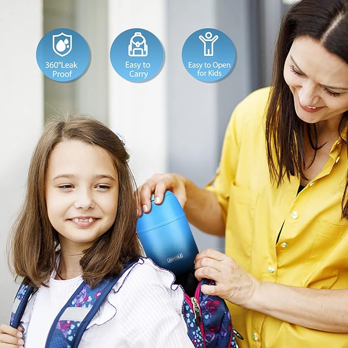 17 oz Insulated Lunch Containers, Hot Food Jar, Wide Mouth, Vacuum Stainless Steel Thermo Lunch Box with Handle and Folding Spoon, Blue-BubblyBeeBaby