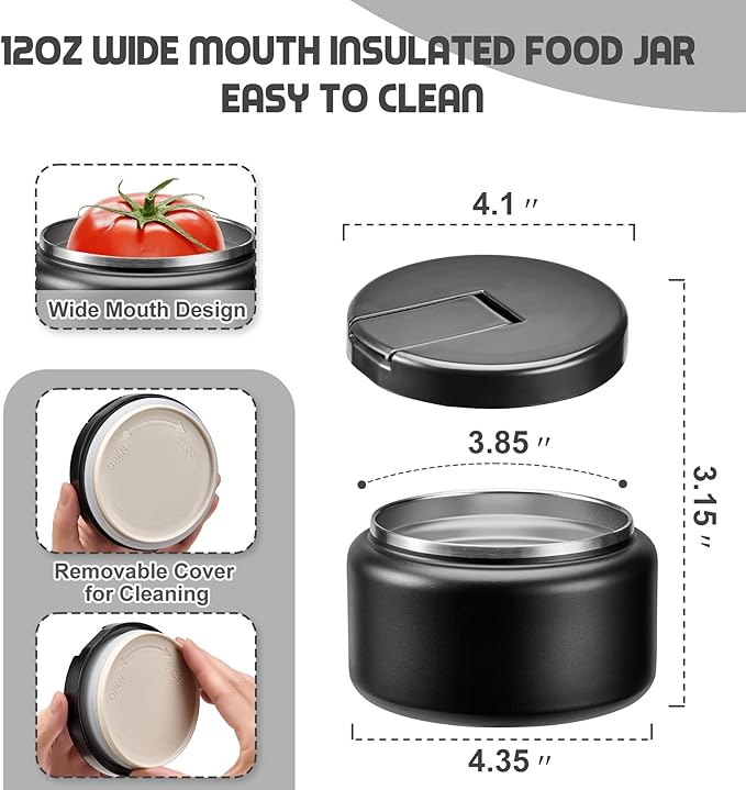 13.5oz Soup Thermo for Hot Food Kids with Buckle Lid Insulated Vacuum Food Jar Wide Mouth Leakproof Stainless Steel Lunch Container (Black)-BubblyBeeBaby