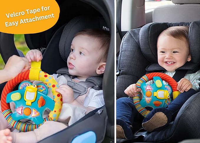 KiddoLab Steering Wheel Toy with Music,Lights,Sounds & Flip Up Mirror - Crib & Stroller Toys with Soft Fabric and Velcro Tap for Easy Attachment. Car Seat Toys for Babies and Toddlers. Ages 3 Months+-BubblyBeeBaby