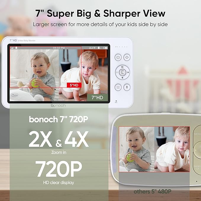bonoch MegaView Baby Monitor with 2 Cameras, 7" 720P HD Split Screen Baby Monitor No WiFi, Video Monitor with Camera and Audio, 6000mAh, VOX Mode, 2 Way Audio, Remote PTZ, Night Vision-BubblyBeeBaby