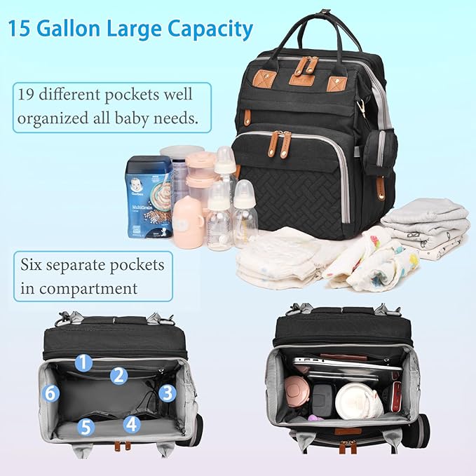 Jeryswet Baby Diaper Bags with Changing Station, Waterproof Large Capacity Diaper Bag Backpack for Moms Dads with USB Charging Port and Stroller Straps, Baby Shower Gifts, Black-BubblyBeeBaby