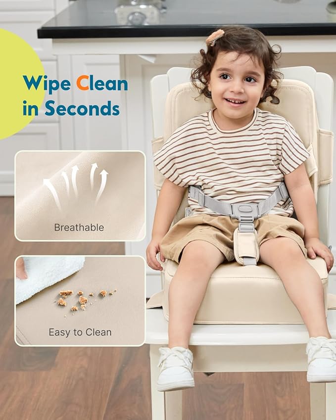 HOMEAL Toddler Booster Seat for Dining Table - Toddler Dining Cushion with Wipeable Surface -Booster Seat for Kitchen Chair with Easy-Install Straps - Breathable Fabric - Beige-BubblyBeeBaby