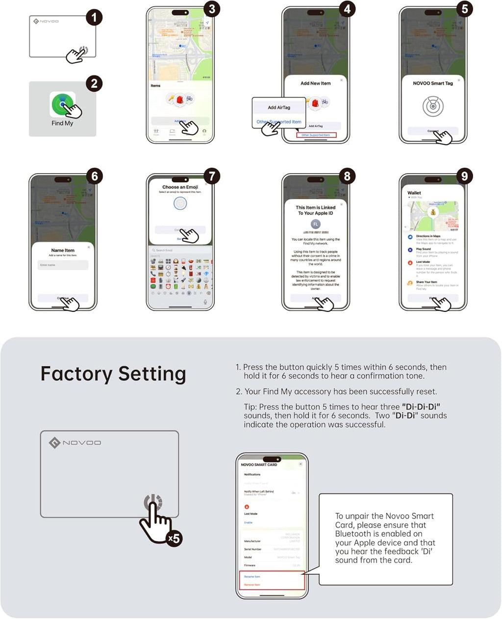 NOVOO Air Locator Tag (iOS Only) Wallet Tracker Card with Apple Find My, Smart Card Bluetooth Tracker, 6 Years Battery, IP68 Waterproof, 1.6mm Keys Finder and Item Locator for Keys, Bags, Passport