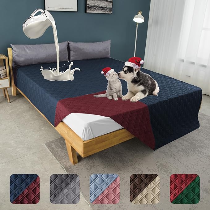 100% Waterproof Dog Bed Cover 86x82 inch Reversible Changing Pad Reusable Camping Mat for Kids/Pet/Dog/Cat Washable Geometric Embroidery Blanket Patchwork Navy+Burgundy-BubblyBeeBaby