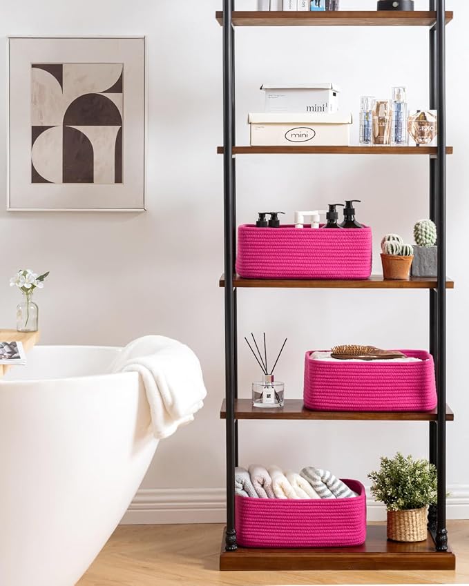 KALLAX Small Woven Basket, 13.5 x 9.5 x 5 Inches, Storage Basket for Organizing, Cute Small Rope Shelf Closet Cube Storage Bins Baskets for Shelves, Dog Toy Gift Baskets Empty, 3 Packs, Hot Pink-BubblyBeeBaby