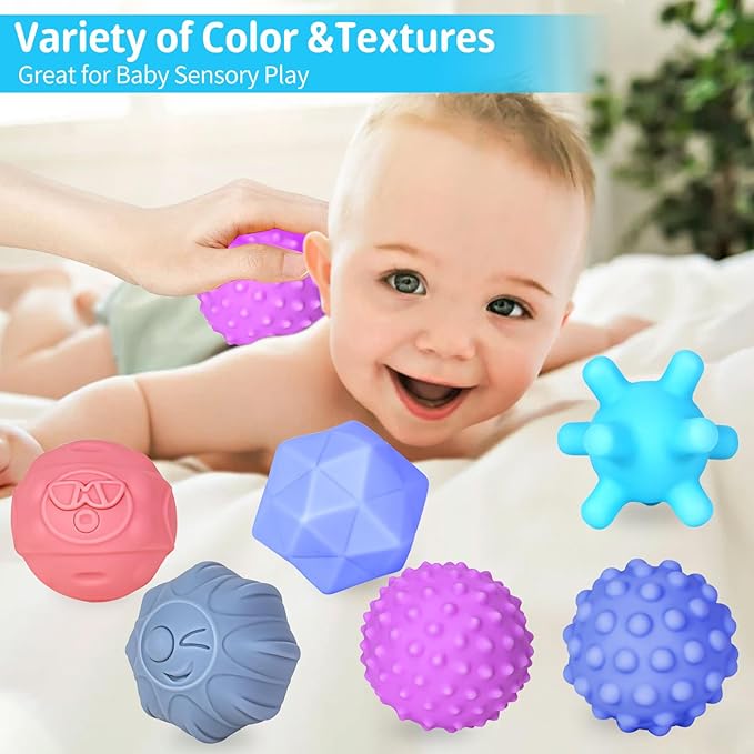 12 Pcs Sensory Balls for Toddlers, Sensory Baby Toys, Montessori Toy for Babies Squeeze, Infant Toys Soft Multi Ball Set Gifts with Bright Color Textured-BubblyBeeBaby