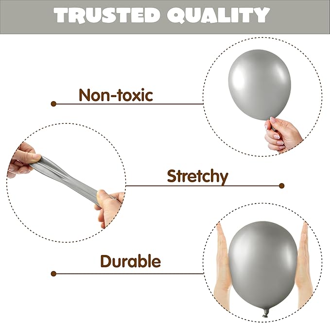 JOYIN 150 Pcs Metallic Silver Balloons, Different Sizes 18 12 10 5 Inch Silver Latex Balloon Arch Kit with Instruction for Birthday Party Graduation Wedding Holiday Decoration-BubblyBeeBaby