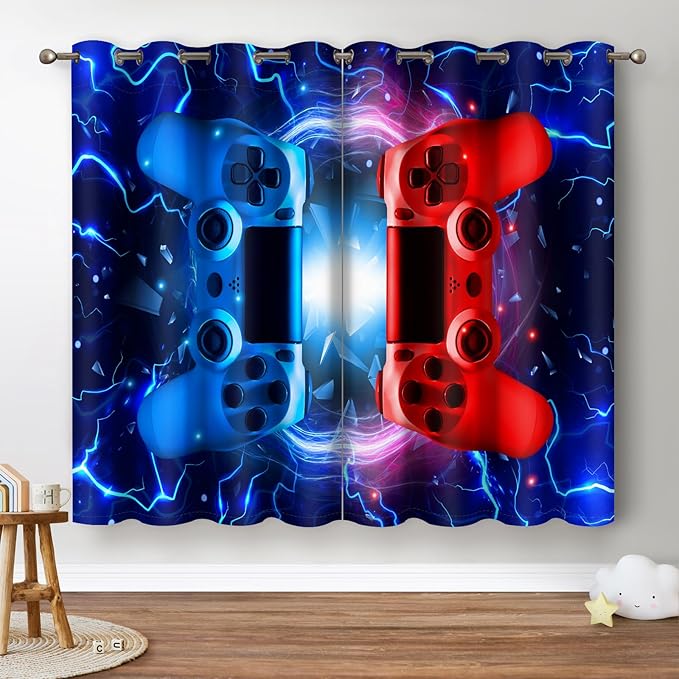 Jekeno Gamer Game Controller Blackout Curtains - Colorful Gaming Gamepad Decor for Kids Boys Teens Teenager Bedroom Home Living Room Darkening Grommet Window Drapes 2 Panel Set, 42"x63"-BubblyBeeBaby