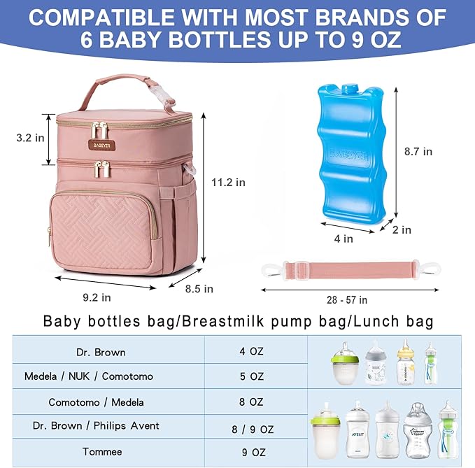 Insulated Breastmilk Cooler Bag with Ice Pack - Holds 6x9oz Bottles, Leakproof Double Layer, Baby Bottle Cooler Bag with Adjustable Strap for Nursing Moms, Daycare & Travel-BubblyBeeBaby