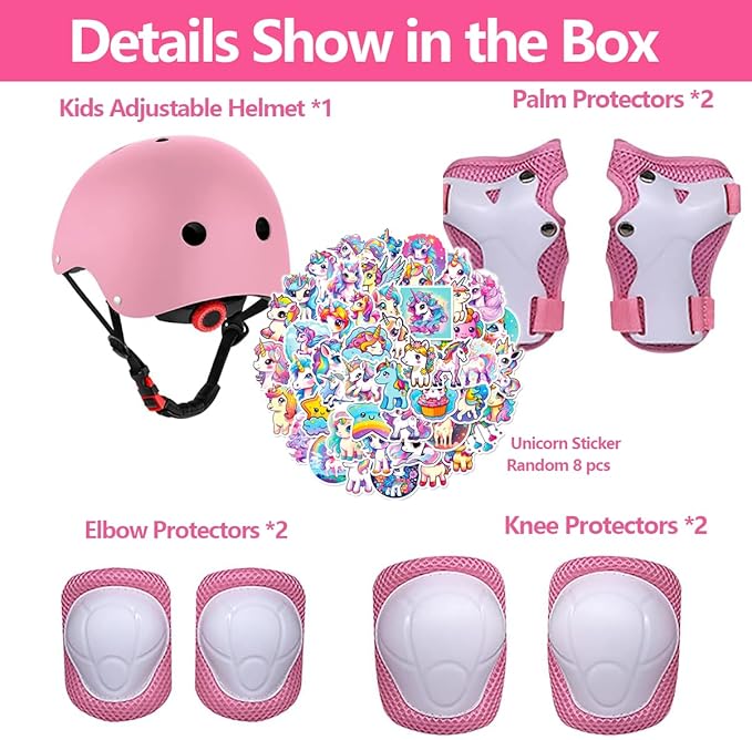 Kids Bike Helmet with Knee Elbow Wrist Pads Guards,Pink,for Ages 2-3-5-8-14,Sports Bicycle,Skate Scooter,Rollerblading with Unicorn Sticker-BubblyBeeBaby