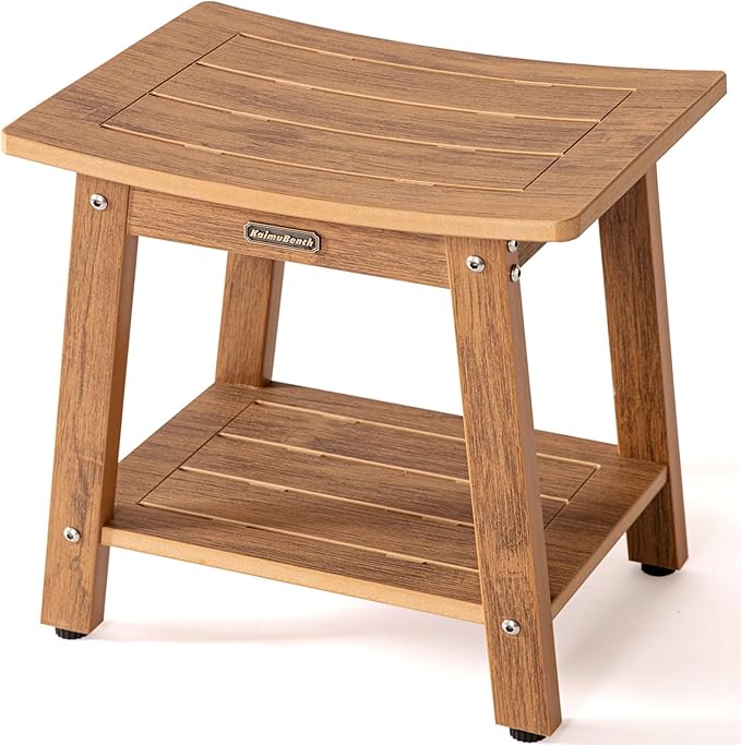 HDPS Shower Bench Seat for Inside, Waterproof Poly Lumber Shower Stool for Shaving Legs, Bathroom Foot Rest with Storage Shelf, Plastic Bath Chair Seat for with Adjustable Feet, No Maintenance, Brown-BubblyBeeBaby