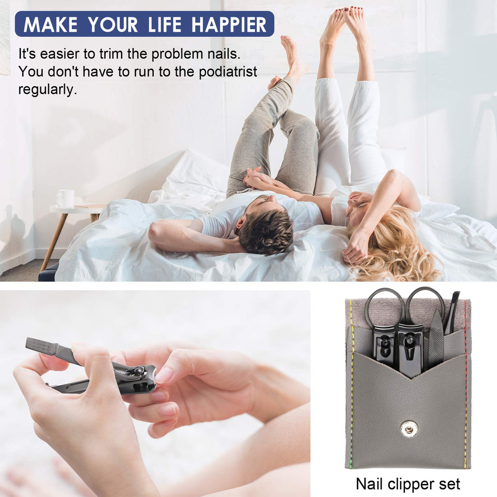 Manicure Pedicure Kit Nail Clippers Set Fingernails & Toenails Vibrissac Scissor 5 Pieces Best Care Tools for Man & Women with Travel Case (Gray/Black_A) (Gray/Black_A)