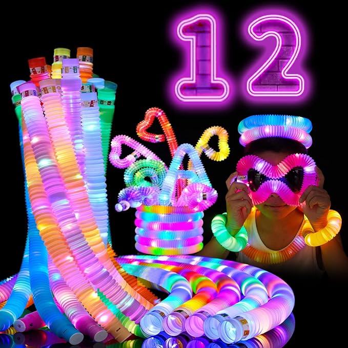 12 PCS Light Up Glow Sticks - LED Pop Tubes, Glow in The Dark Party Supplies, Sensory Toys Birthday Party Favors for Kids, Light Up Toys Goodie Bag Stuffers Gifts-BubblyBeeBaby