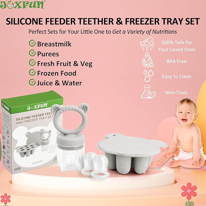 JEXFUN Baby Fruit Food Feeder & Mini Freezer Nibble Tray Combo, Breastmilk Popsicle Molds for Baby Cooling Relief, BPA Free Silicone Feeder for Safe Infant Self Feeding, 4 Month+ (Light Grey)-BubblyBeeBaby