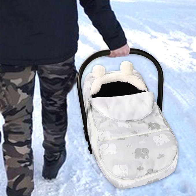 Carseat Cover Boys, Winter Cozy & Warm Cover, Elephant Baby Car Seat Cover, Infant Car Seat Canopy, Ultra-Soft Breathable Protect Baby from Cold Wind, Zipped Removable Design-BubblyBeeBaby