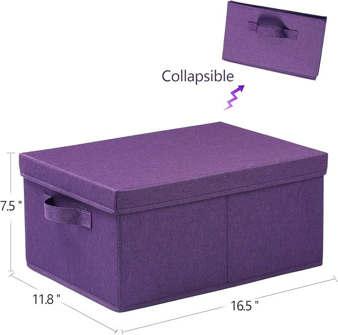 HOONEX Storage Bins with Lids for Organizing, Pack of 2, Storage Boxes with 2 Carry Handles and Sturdy Heavy Cardboard, 16.5" L x 11.8" W x 7.5" H for Shoes, Books, Clothes, Nursery, Dark Purple-BubblyBeeBaby