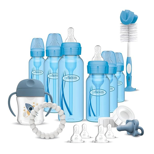 Dr. Brown's Natural Flow Anti-Colic Options+ Special Edition Blue Baby Bottle Gift Set with Soft Sippy Spout Transition Cup, Flexees Teether, Bottle Cleaning Brush and Travel Caps-BubblyBeeBaby