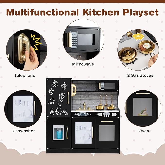 HONEY JOY Kids Kitchen Playset, Wooden Little Chef Pretend Toy Kitchen Set w/Chalkboard, Telephone, Utensils, Oven, Microwave, Sink, Storage, Play Kitchen for Toddlers Boys Girls, Black-BubblyBeeBaby