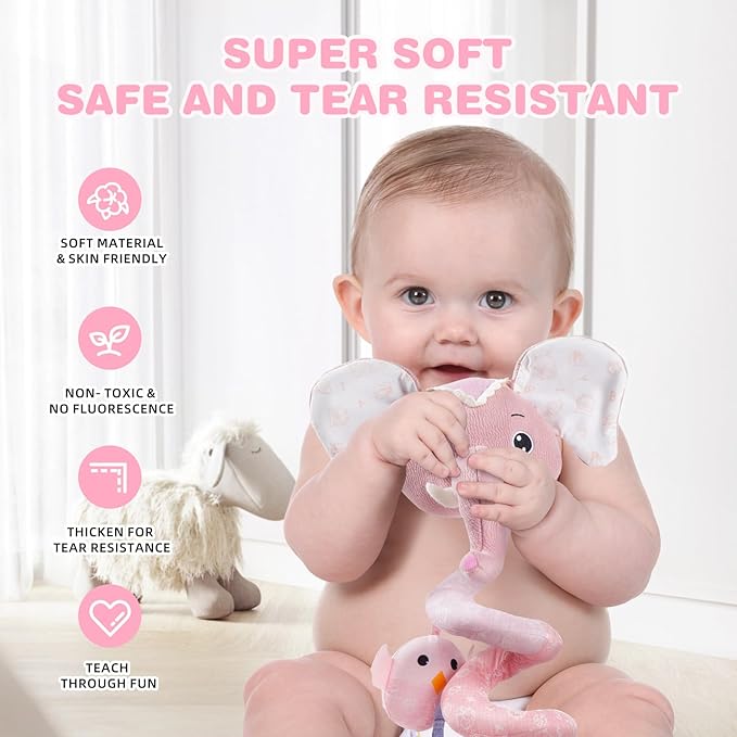 Jollybaby Baby Car Seat Stroller Toys, Plush Activity Hanging Spiral Activity Pram Crib with Music Box, Rattles, Squeaker for Babies Infant Boys Girls(SZ Pink Elephant)-BubblyBeeBaby