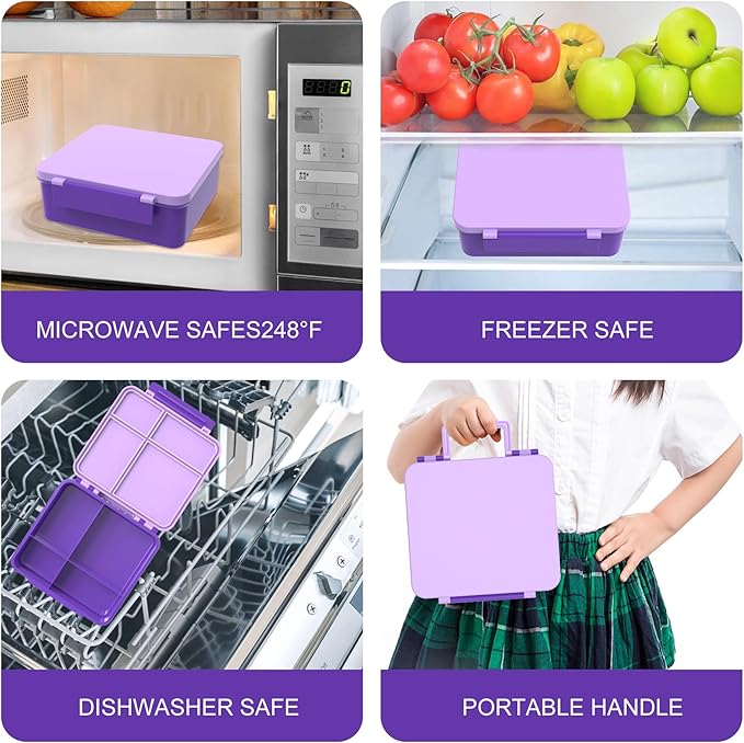 Kids Bento Lunch Box with 8oz Soup Thermo, Water Bottle, Kids Leakproof Lunch Food Containers with 4 Compartment, Insulated Hot Food Jar with Lunch Bag for School, Trvael (Purple)-BubblyBeeBaby