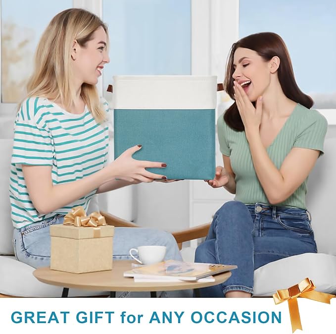 13x13 Cube Storage Bins, Collapsible Fabric Storage Box, 4 Pack Closet Baskets with Handles for Organizing, Shelf, Toys, Clothes, Home, Office, Nursery (Teal&White)-BubblyBeeBaby