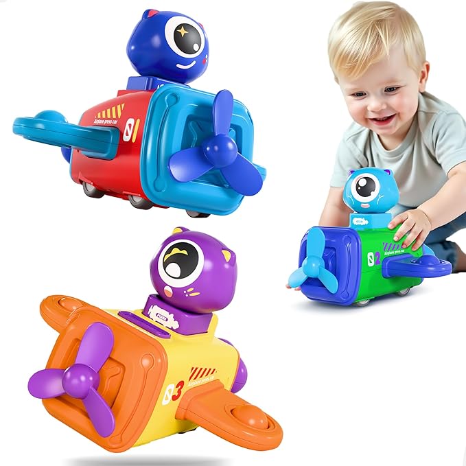 iPlay, iLearn Press to Go Car Toys for Toddlers 1-3, Baby Airplane Race Cars, Infant Push Go Play Vehicle Set, Boys Pull Back Friction Car for 6-9-12-18 Month, 1st Birthday Gift for 1-2 Years Old Kids-BubblyBeeBaby