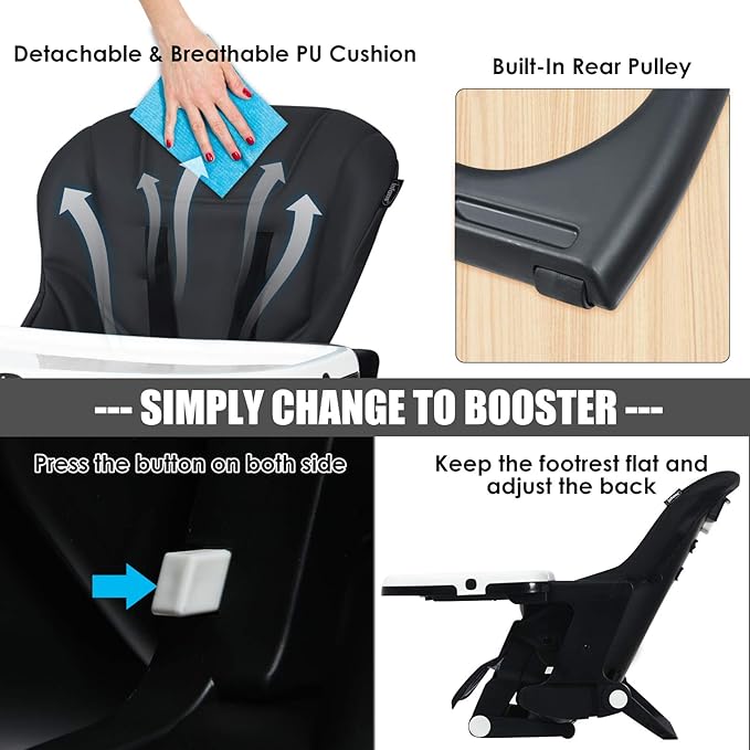 INFANS 4 in 1 High Chair–Booster Seat, Convertible Highchair w/Adjustable Height and Recline,Removable Tray,DetachableCushion, Installation-Free,Simple Fold for Baby, Infant& Toddler-BubblyBeeBaby