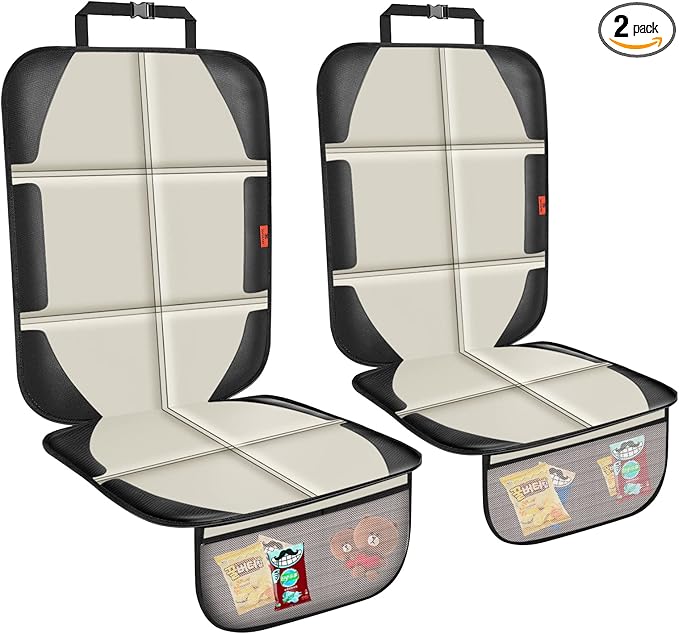 Car Seat Protector,2 Pack Car Seat Protectors Baby Carseat Waterproof Durable 600D Fabric for Child Baby Car Seat Mat Vehicle Pet Cover 2 Storage Pockets (2 Pack Beige)-BubblyBeeBaby