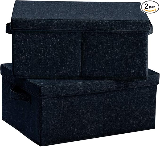 HOONEX Linen Foldable Storage Bins with Lids, 2 Pack, Storage Boxes with Carrying Handles and Sturdy Heavy Cardboard, 16.5" L x 11.8" W x 7.5" H for Shoes, Books, Clothes, Nursery, Dark Grey-BubblyBeeBaby