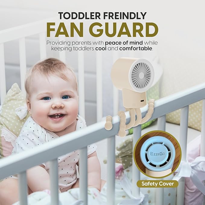 Portable Mini Travel Stroller Fan - Battery Operated, Clip On, Small, Handheld, Rotating, Rechargeable, Personal Fan with Flexible Tripod, 3 Speeds for Baby Crib, Bed Car, Seat Treadmill-BubblyBeeBaby