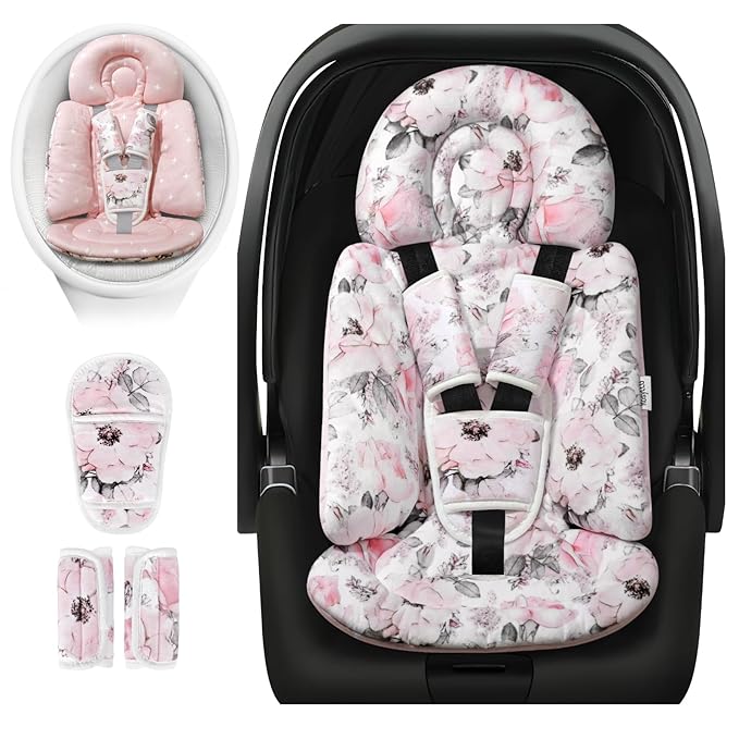 [Upgraded] Infant Car Seat Insert & Newborn Head Support, 3 Strap Covers + Reversible 2-in-1 Design – All Seasons Baby Car Seat Cushion for Stroller, Swing, Rocker, Bassinets-BubblyBeeBaby