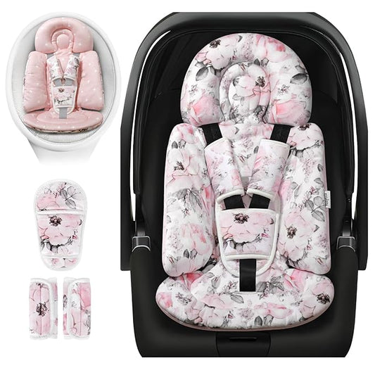 [Upgraded] Infant Car Seat Insert & Newborn Head Support, 3 Strap Covers + Reversible 2-in-1 Design – All Seasons Baby Car Seat Cushion for Stroller, Swing, Rocker, Bassinets-BubblyBeeBaby