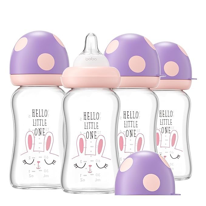 YOHKOH Natural Glass Baby Bottle with Natural Response Nipple, Newborn Anti-Colic Baby Bottles, Wide Neck Mushroom Cap Baby Bottle, Clear ((5.4oz (Pack of 4), Purple)-BubblyBeeBaby