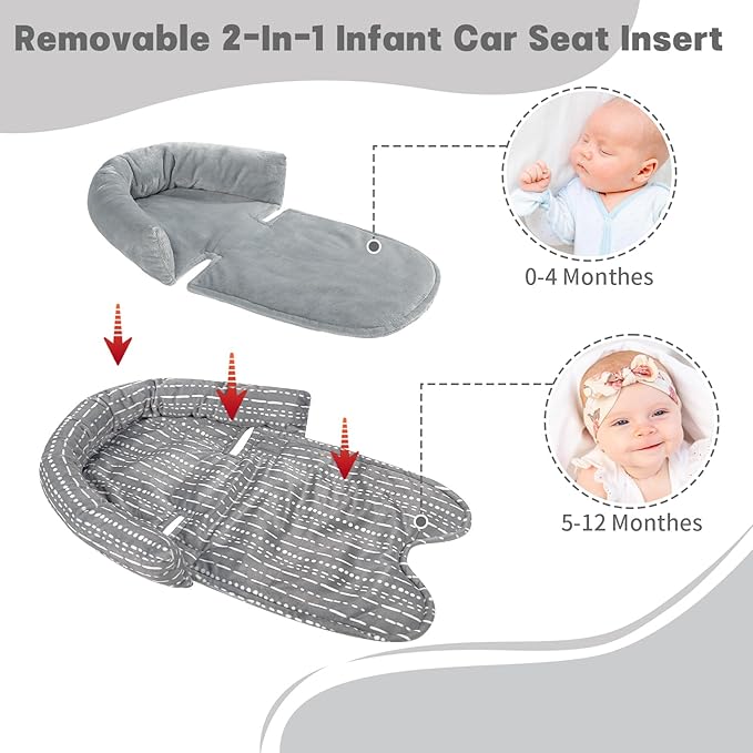 Infant Car Seat Insert, Baby Car Seat Head & Body Support with 2 Strap Pads, Ultra Soft Newborn Preemie Carseat Insert Cushion for Girls Boys, Fits Car Seat, Stroller, Swing, Bouncer, Grey-BubblyBeeBaby