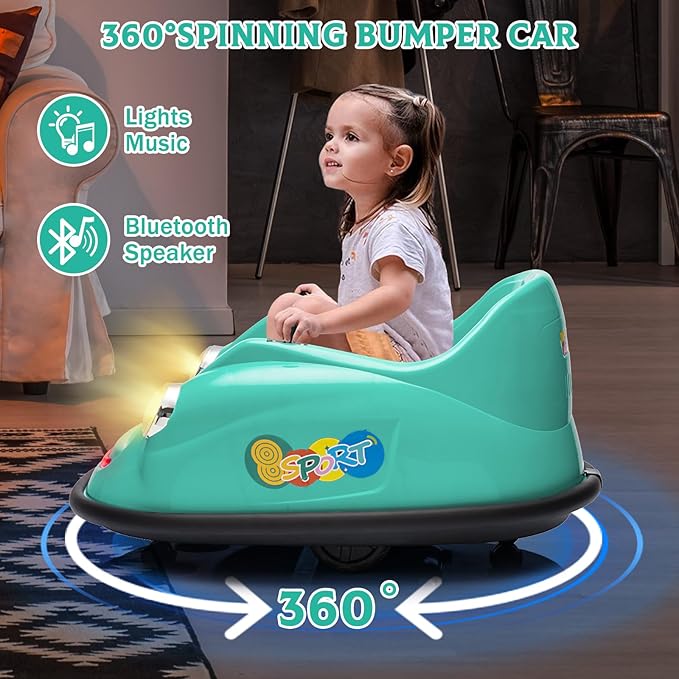 12V Bumper Car for Toddlers, Electric Toy Ride on Battery Car with Kids W/Parent Remote Control, 2-Speed, 360 Degree Spin, Music & LED Lights for Kids, Green-BubblyBeeBaby