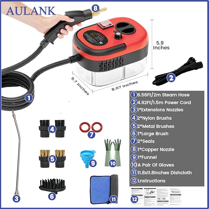 2500W Handheld Steam Cleaner,Portable Car Steamer For Auto Detailing,High-Temperature and Pressure Steam Cleaner For Home, Steam Cleaning Machine for Furniture,Kitchen,Grout,Floor,Tile (Red)-BubblyBeeBaby