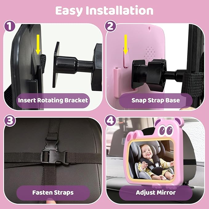 2-in-1 Baby Car Mirror with Lights & Soft Sounds, Cry Detector, Clear Night View, 360° Rotation, Shatterproof, Rear Facing Baby Car Seat Mirror with Remote Control, Perfect Baby Shower Gifts (Pink)-BubblyBeeBaby