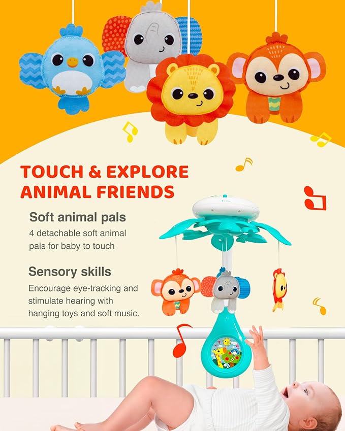 KiddoLab Baby Crib Mobile with Relaxing Music. Includes Ceiling Light Projector with Stars, Animals. Musical Crib Mobile with Timer. Nursery Toys for Babies Ages 0 and Older (New 2025 Model)-BubblyBeeBaby