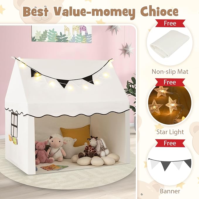 INFANS Kids Play Tent with Washable Mat Star Light Windows, Anti-Trip Large Playhouse Toys for Children Boys Girls, Indoor Outdoor Princess Tents Castle for Toddlers (Black- Wide Door)-BubblyBeeBaby