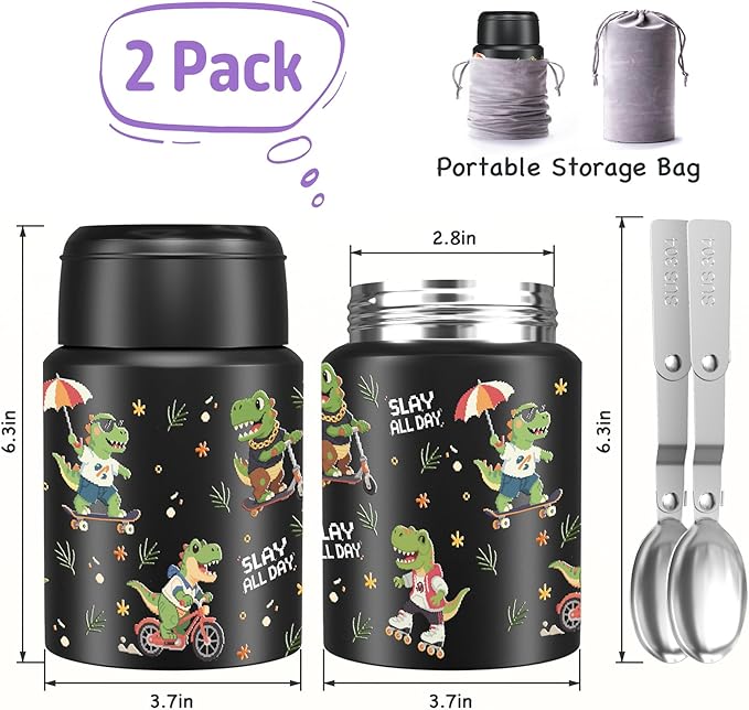 2-Pack Stainless Steel Vacuum Insulated Food Jar with Spoon, Soup Thermo Hot & Cold for Kids & Adults, Leakproof Insulated Lunch Containers with Carry Bag, 17oz.(Black-Dinosaur)-BubblyBeeBaby