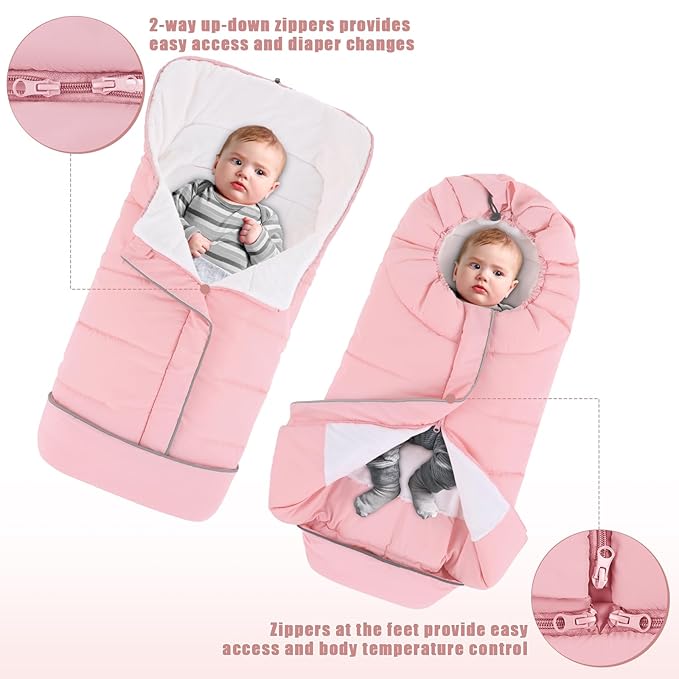 Yoofoss Stroller Cover for Winter, Toddler Stroller Footmuff Universal for Most Stroller, Water Resistant Warm Coral Baby Stroller Bunting Sleeping Bag Pink-BubblyBeeBaby