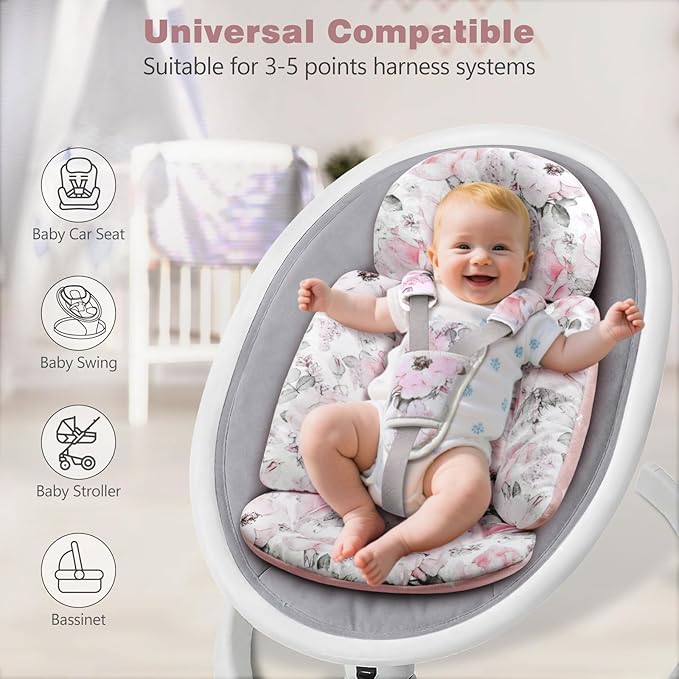 [Upgraded] Infant Car Seat Insert & Newborn Head Support, 3 Strap Covers + Reversible 2-in-1 Design – All Seasons Baby Car Seat Cushion for Stroller, Swing, Rocker, Bassinets-BubblyBeeBaby